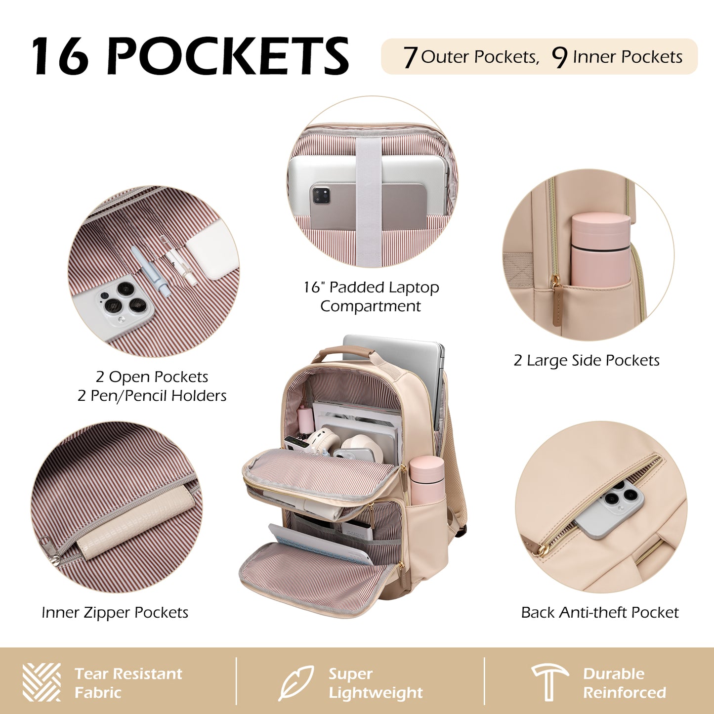 Laptop Backpack for Women: 16 Inch Work Backpack Woman Large Bookbag Waterproof College Computer Teacher Nurse Adult Backpacks Beige Business Travel Purse Bag with Laptop Compartment