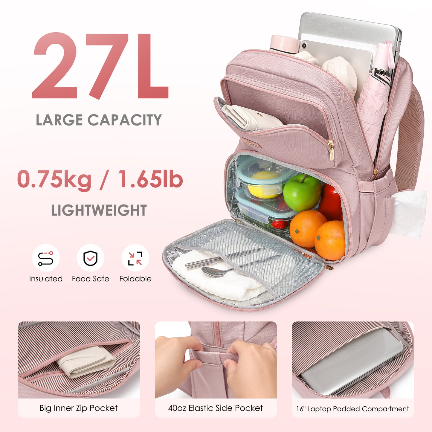 Lunch Backpack for Women Work: Men 16 Inch Laptop Backpack with Insulated Leak Proof Lunch Compartment Large Picnic Lunchbox Bag Meal Prep Bookbag for Nurse Teacher Commuter Travel Pink