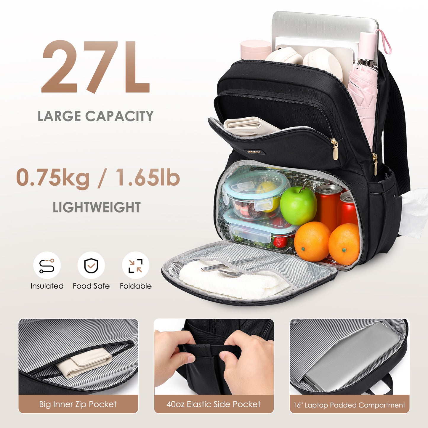 Lunch Backpack for Women Work: Men 16 Inch Laptop Backpack with Insulated Leak Proof Lunch Compartment Large Picnic Lunchbox Bag Meal Prep Bookbag for Nurse Teacher Commuter Travel Black