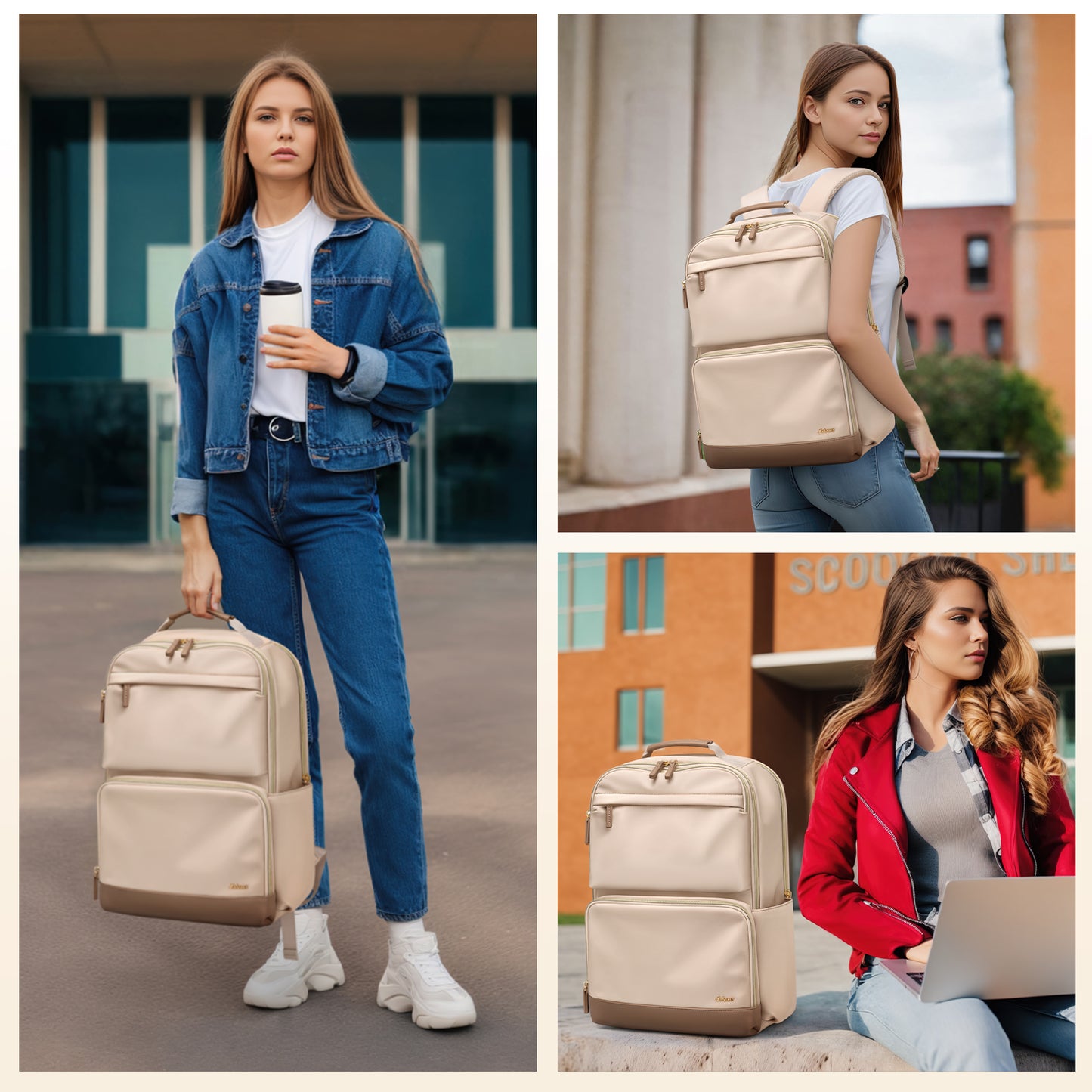 Laptop Backpack for Women: 16 Inch Work Backpack Woman Large Bookbag Waterproof College Computer Teacher Nurse Adult Backpacks Beige Business Travel Purse Bag with Laptop Compartment