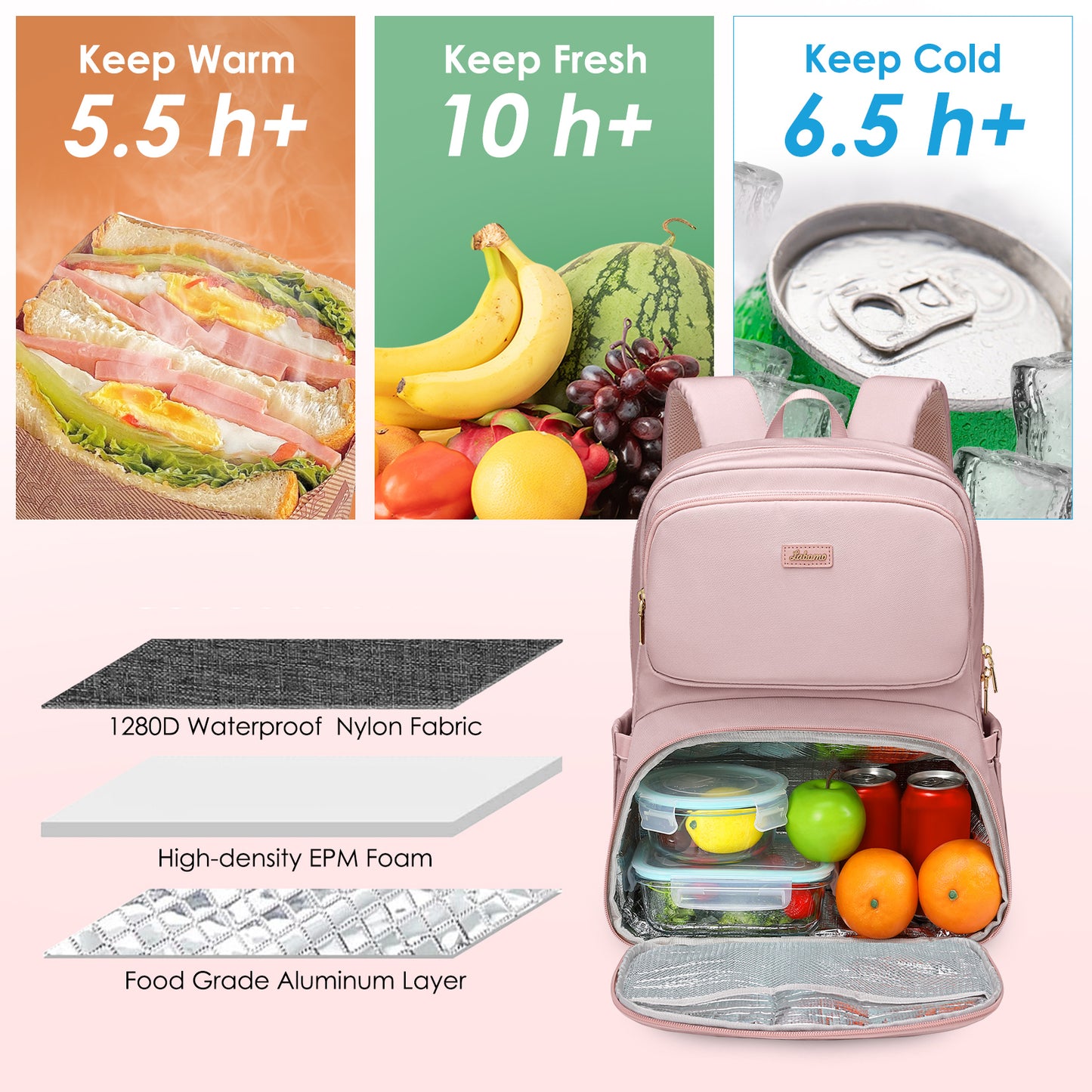 Lunch Backpack for Women Work: Men 16 Inch Laptop Backpack with Insulated Leak Proof Lunch Compartment Large Picnic Lunchbox Bag Meal Prep Bookbag for Nurse Teacher Commuter Travel Pink