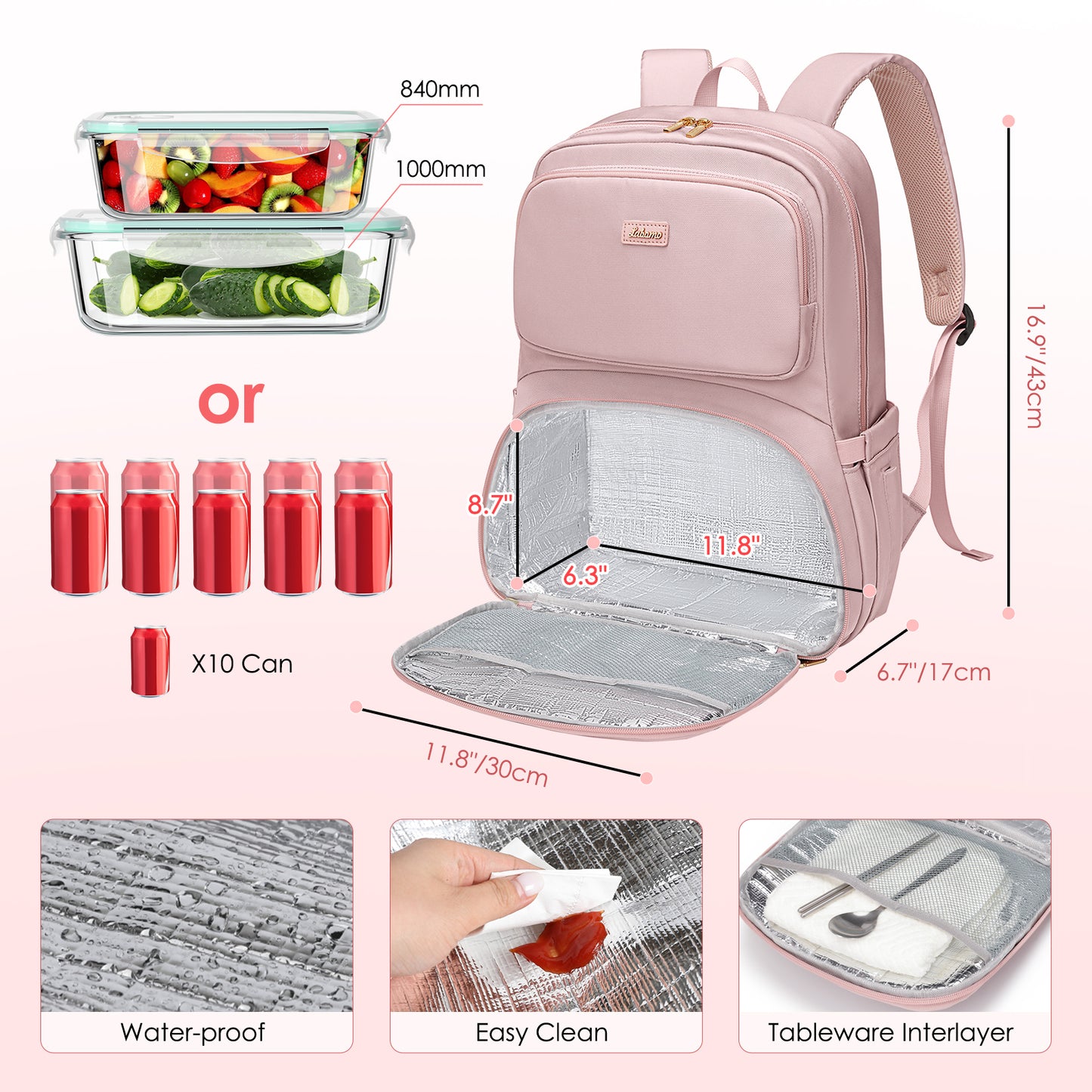 Lunch Backpack for Women Work: Men 16 Inch Laptop Backpack with Insulated Leak Proof Lunch Compartment Large Picnic Lunchbox Bag Meal Prep Bookbag for Nurse Teacher Commuter Travel Pink