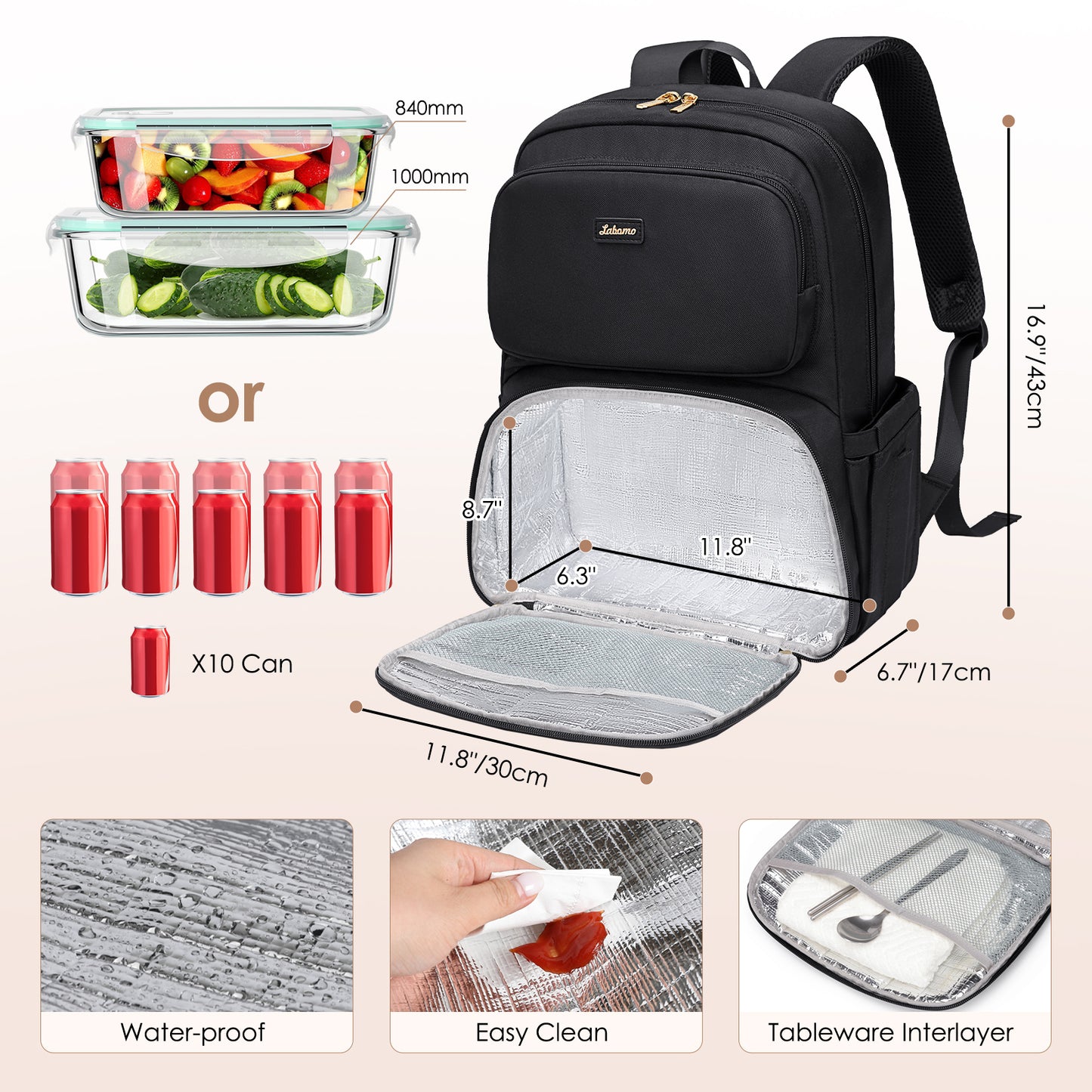 Lunch Backpack for Women Work: Men 16 Inch Laptop Backpack with Insulated Leak Proof Lunch Compartment Large Picnic Lunchbox Bag Meal Prep Bookbag for Nurse Teacher Commuter Travel Black