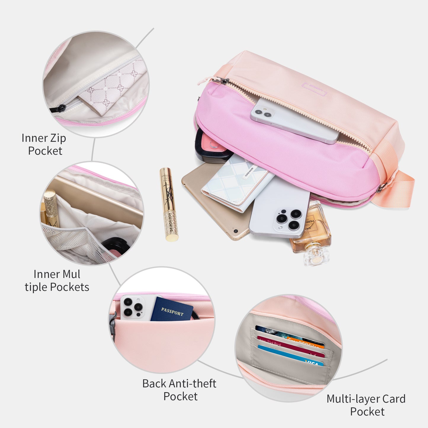 Fanny Pack Crossbody Bag for Women, Water-resistant Sling Bag with Adjustable Strap, Fashion Waist Pack for Traveling Hiking Pink