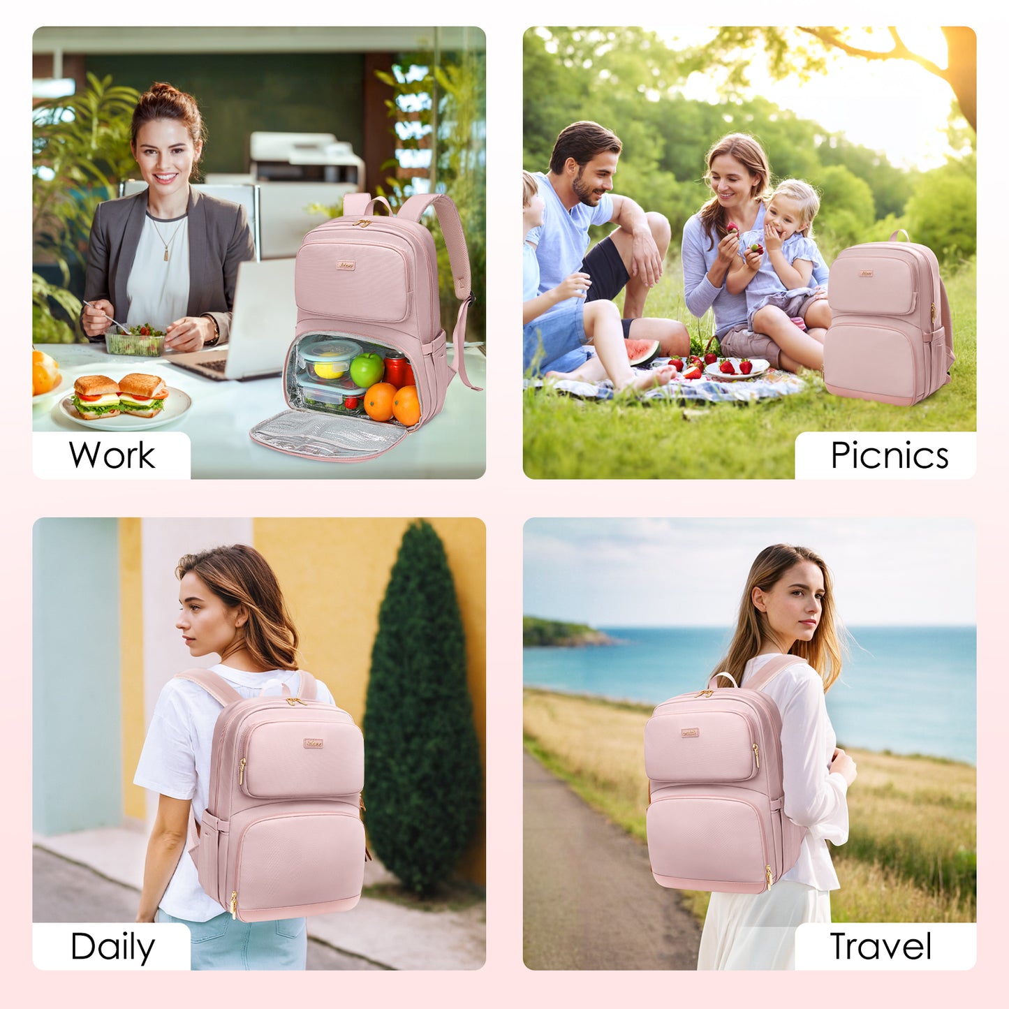 Lunch Backpack for Women Work: Men 16 Inch Laptop Backpack with Insulated Leak Proof Lunch Compartment Large Picnic Lunchbox Bag Meal Prep Bookbag for Nurse Teacher Commuter Travel Pink