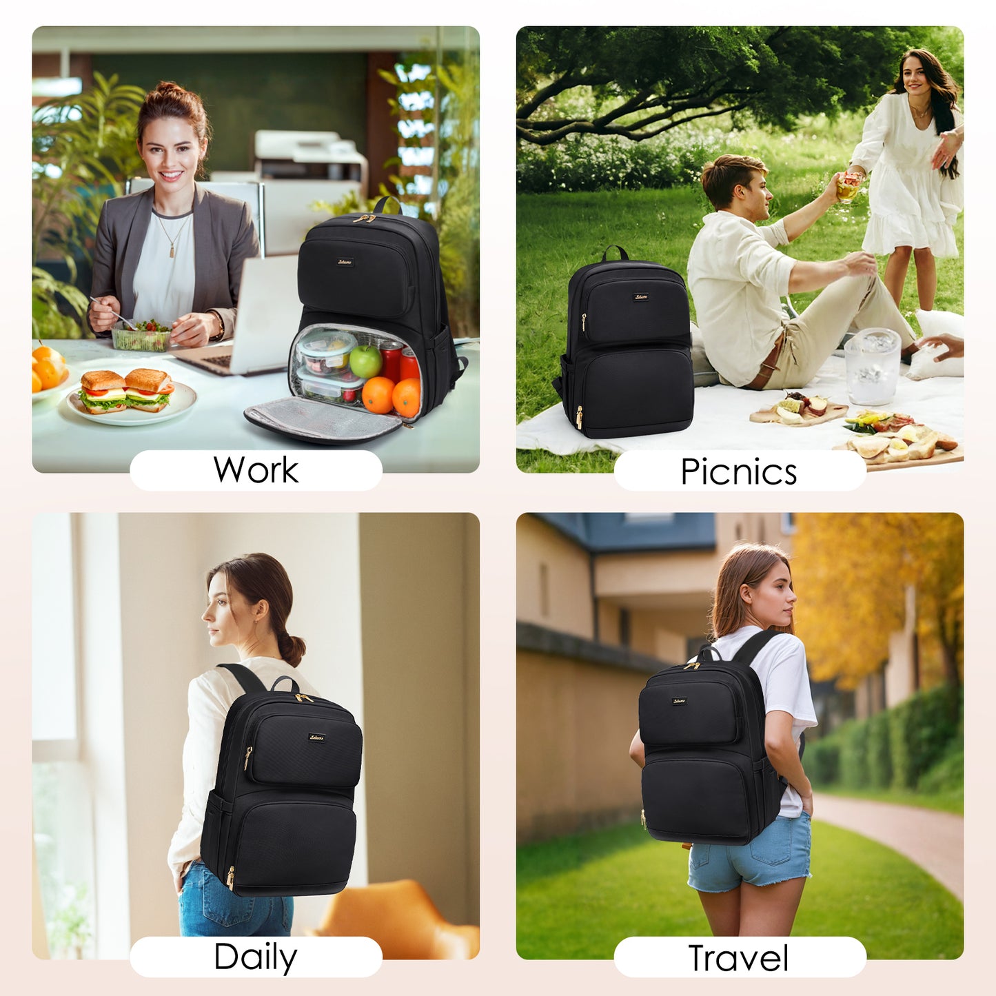 Lunch Backpack for Women Work: Men 16 Inch Laptop Backpack with Insulated Leak Proof Lunch Compartment Large Picnic Lunchbox Bag Meal Prep Bookbag for Nurse Teacher Commuter Travel Black